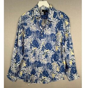 Club Room Luxury Linen Shirt Womens L Blue Tropical Leaf Long Sleeve NEW